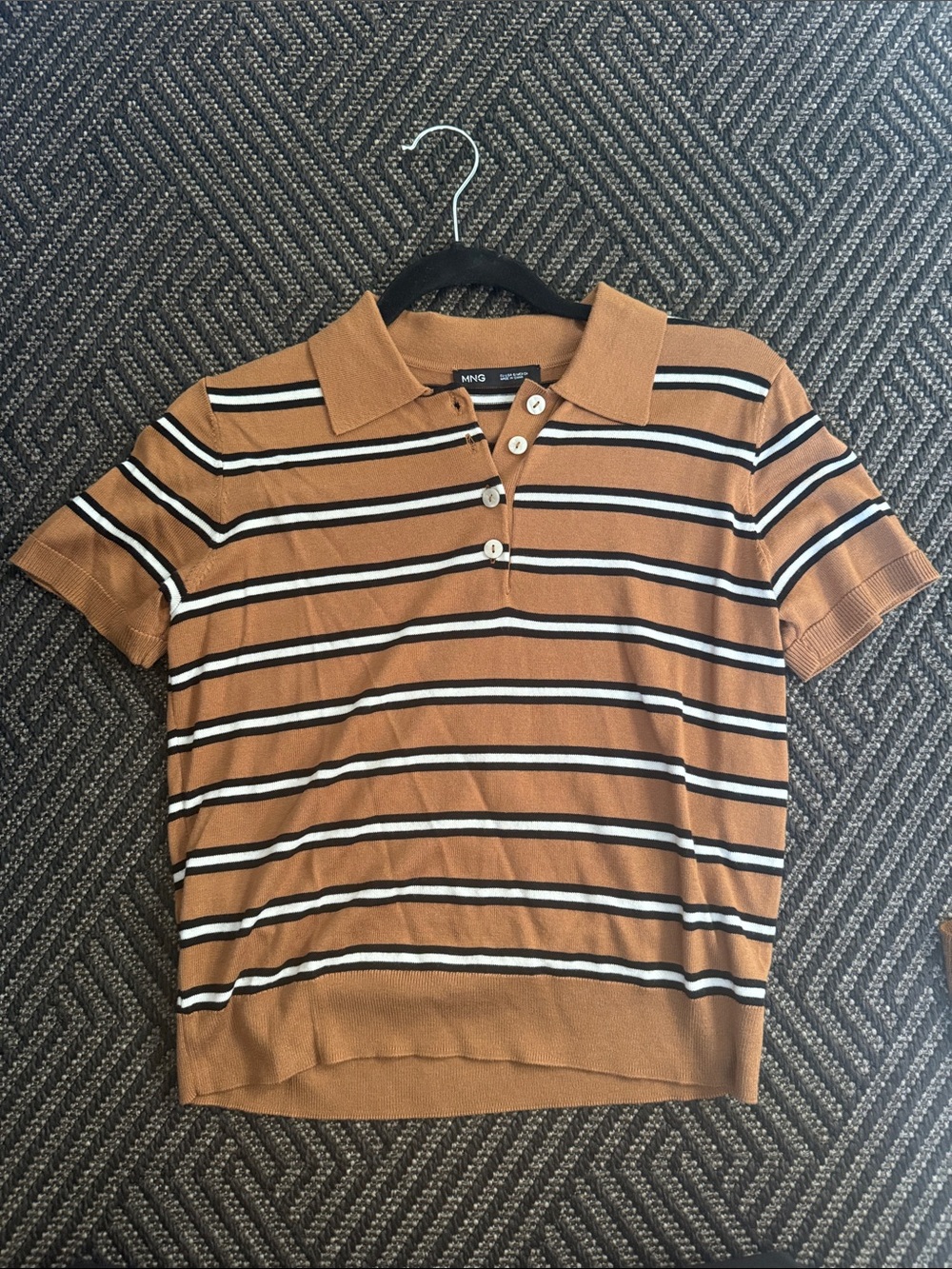 Mango Striped Polo Top in Brown, Black & White